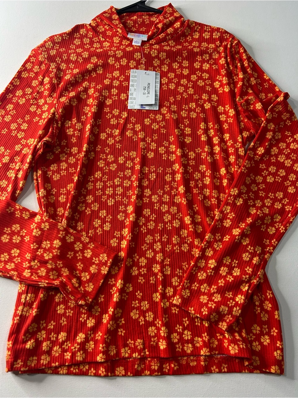 NWT LuLaRoe Large Penelope Red and Yellow Floral Ribbed Mock Neck Top